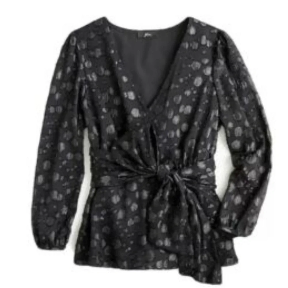 J Crew Tie Waist V Neck Metallic Dot Jacquard Black Blouse Size Small